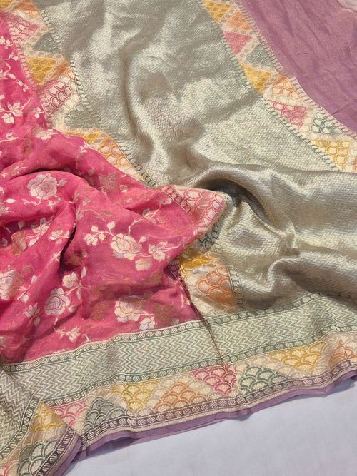 Pink Georgette Tissue Banarasi saree front drape view