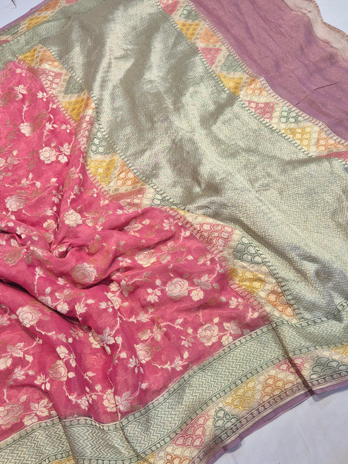 Pink Georgette Tissue Banarasi saree pallu detail