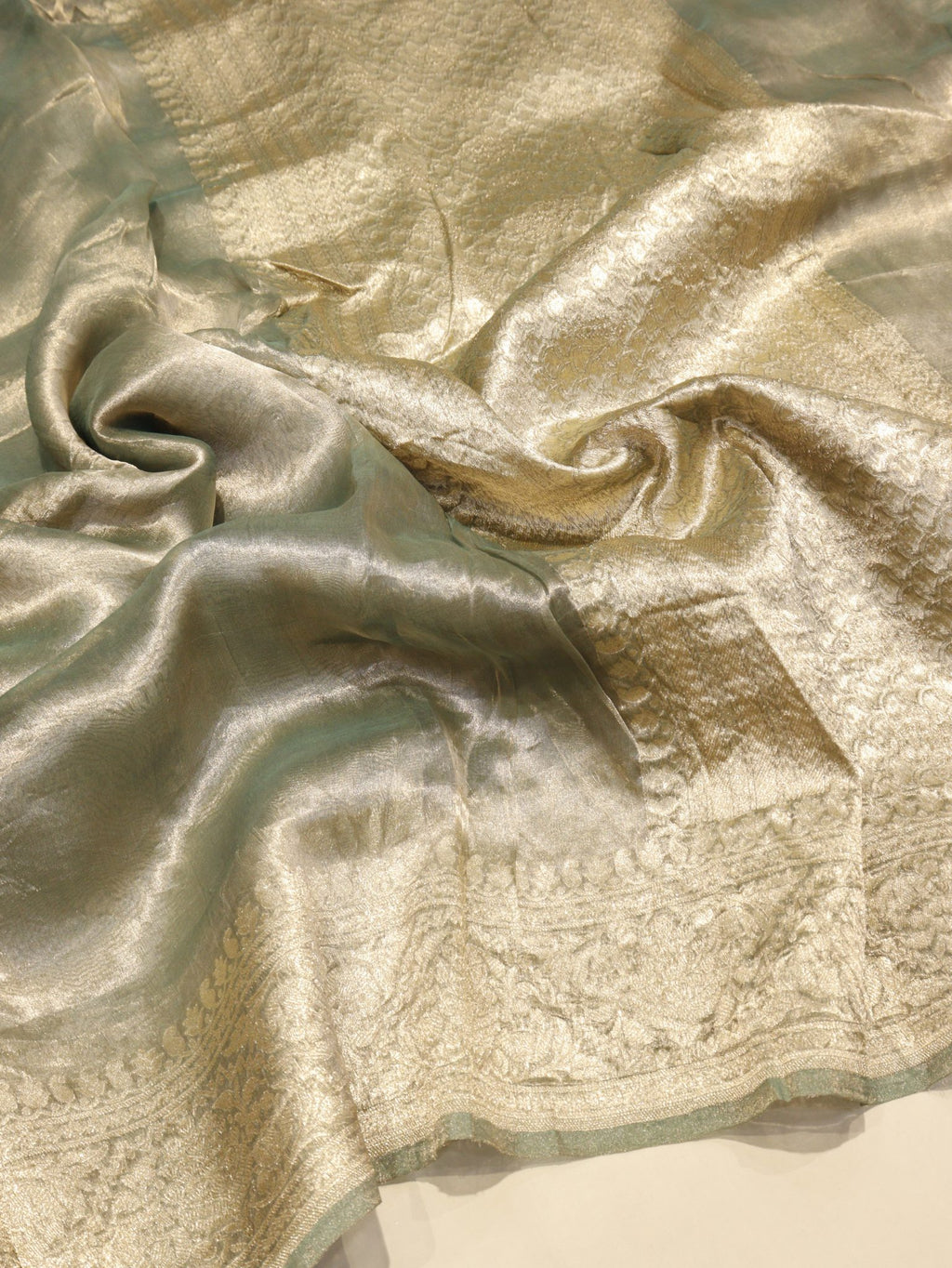 Soft Sage Green Tissue Silk Banarasi saree front drape view