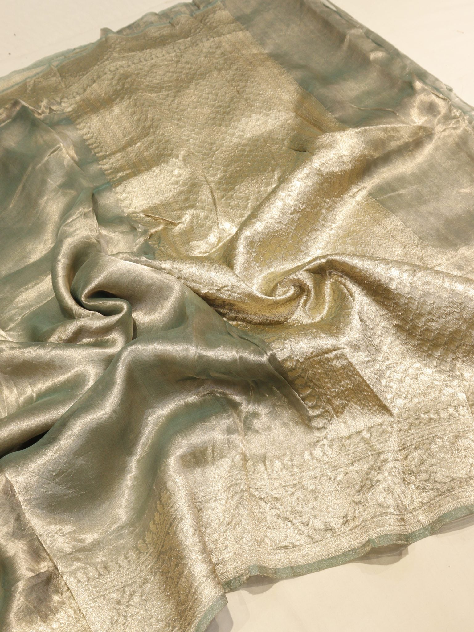 Soft Sage Green Tissue Silk Banarasi saree pallu detail