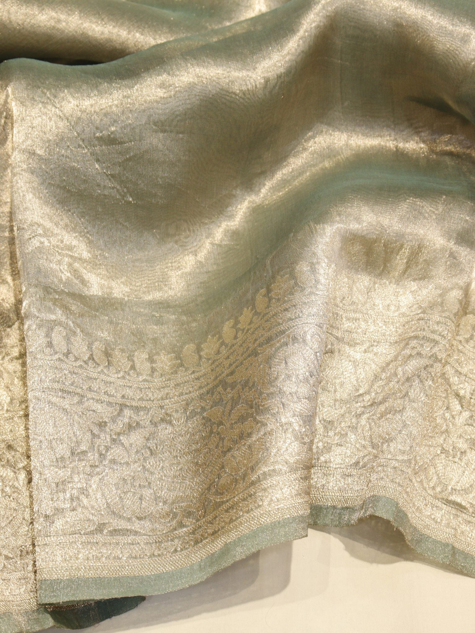 Soft Sage Green Tissue Silk Banarasi saree full spread