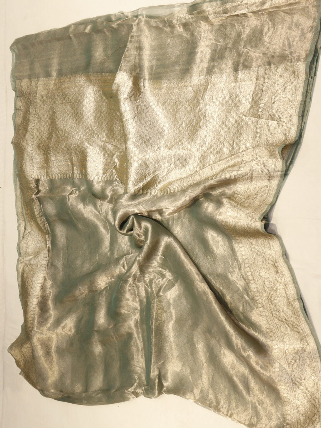 Soft Sage Green Tissue Silk Banarasi saree zari work detail