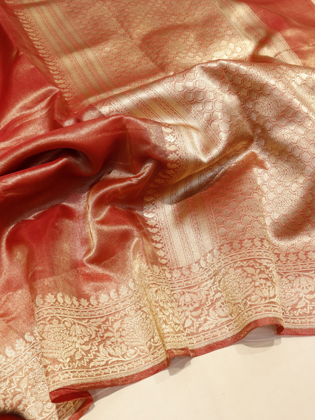 Rust Orange Tissue Silk Banarasi saree front drape view