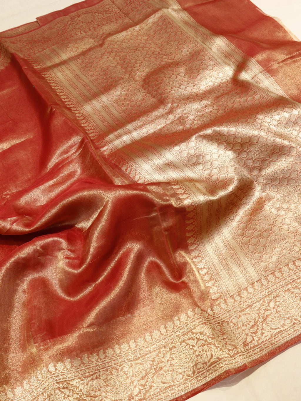 Rust Orange Tissue Silk Banarasi saree pallu detail