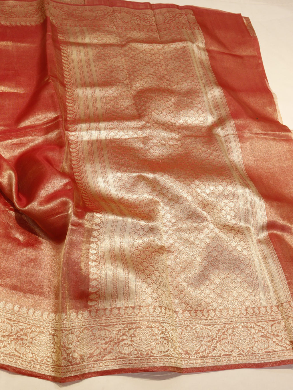 Rust Orange Tissue Silk Banarasi saree full spread