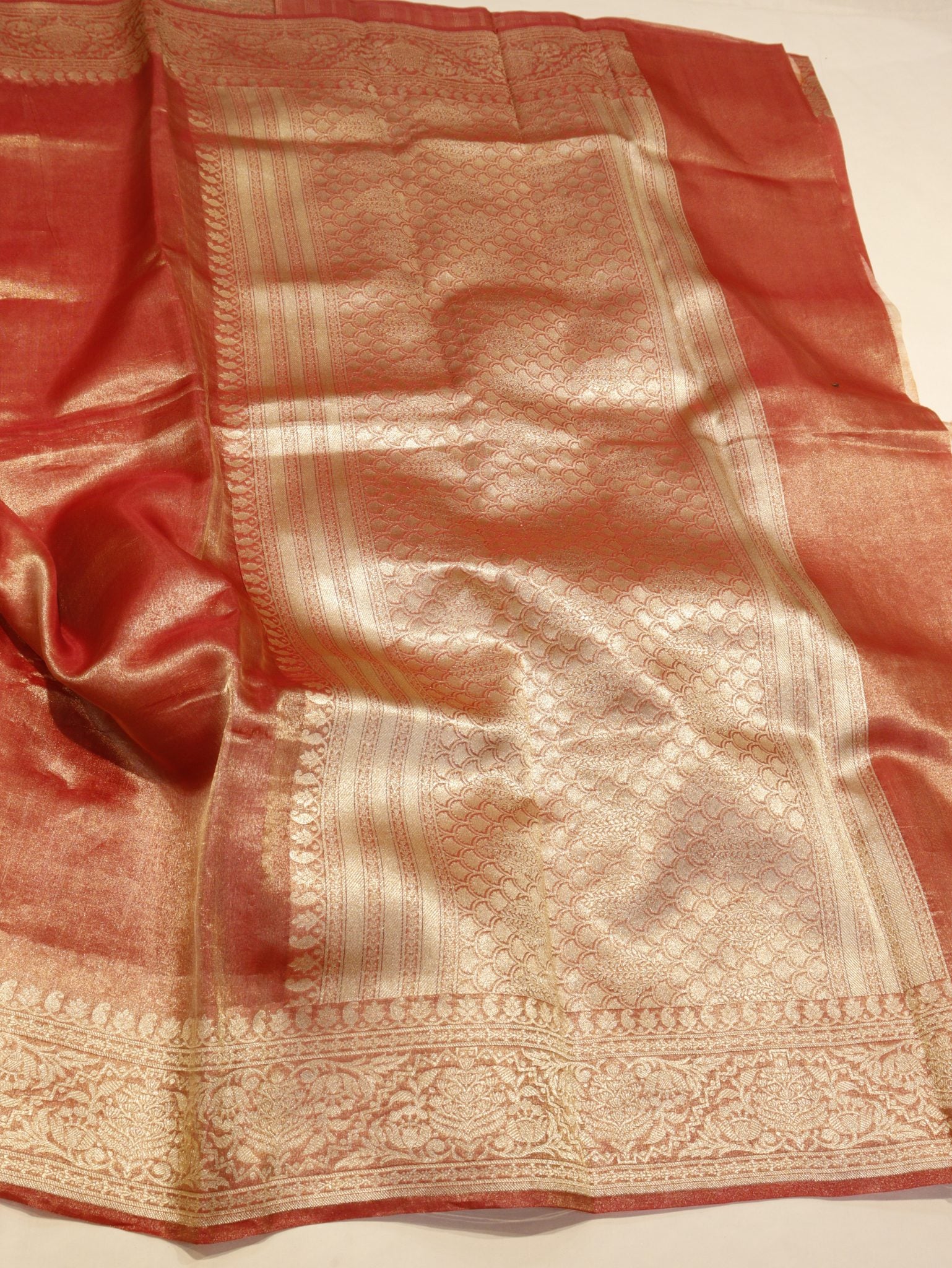Rust Orange Tissue Silk Banarasi saree full spread