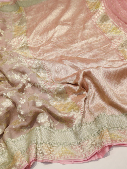 Soft Pink Georgette Tissue Silk Banarasi saree front drape view