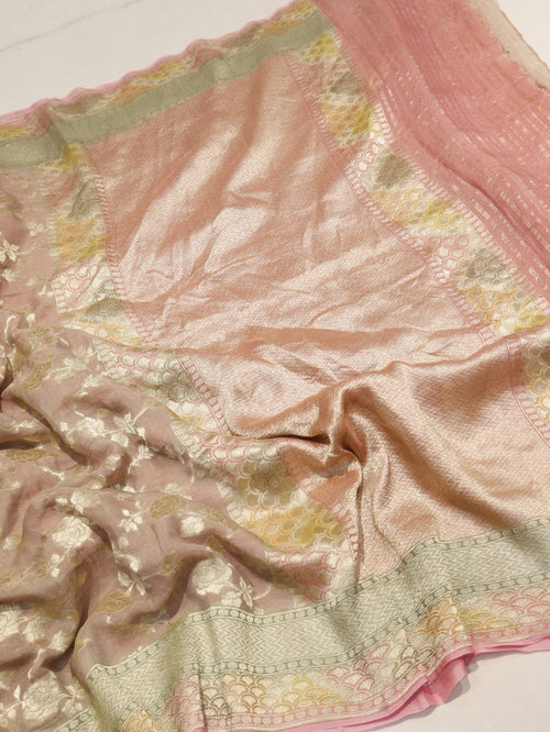 Soft Pink Georgette Tissue Silk Banarasi saree pallu detail