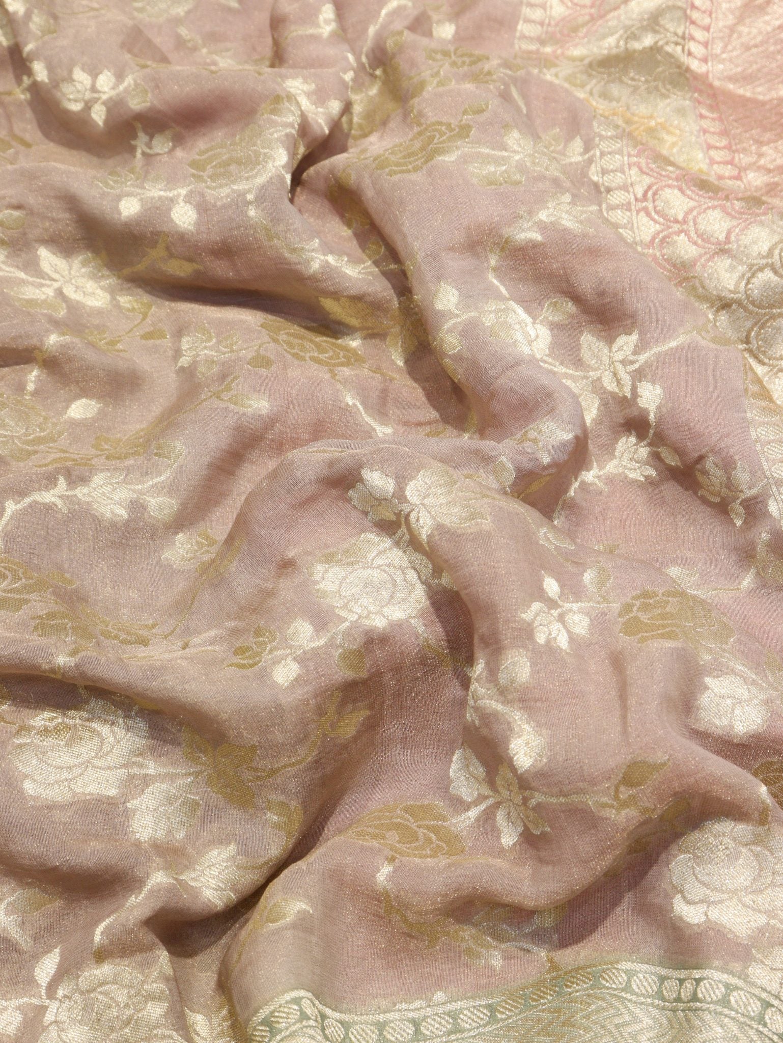 Soft Pink Georgette Tissue Silk Banarasi saree border closeup