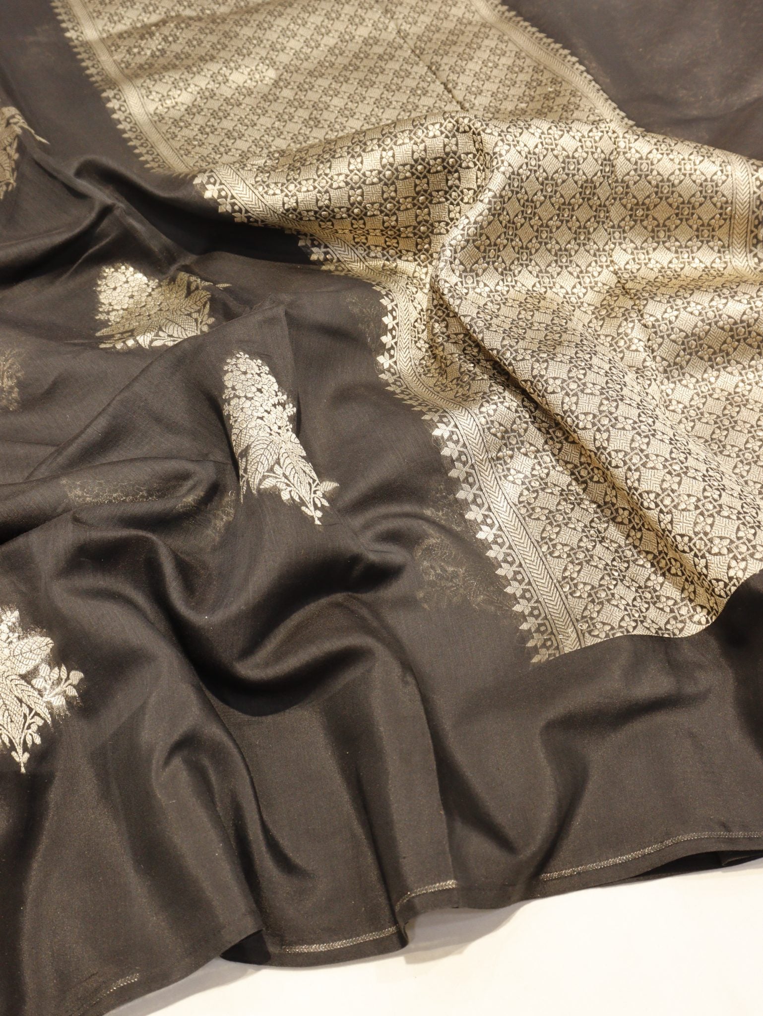 Black Pure Cotton Banarasi saree front drape view