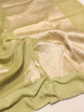 Green Pure Cotton Banarasi saree front drape view
