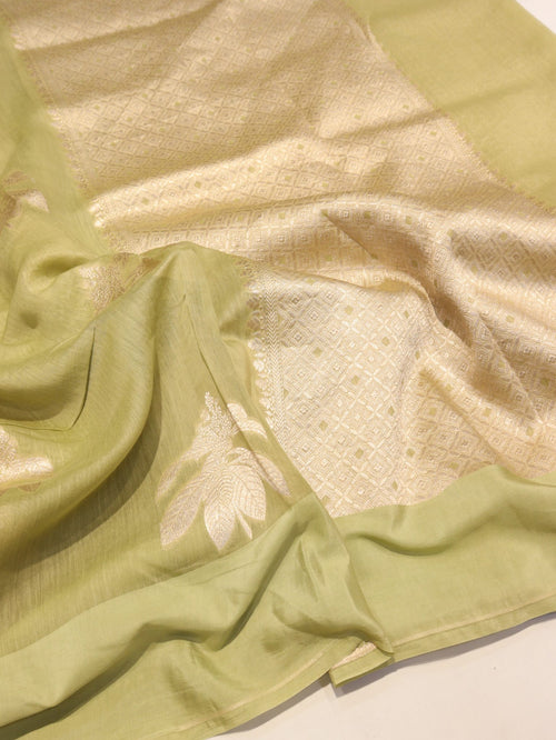 Green Pure Cotton Banarasi saree front drape view