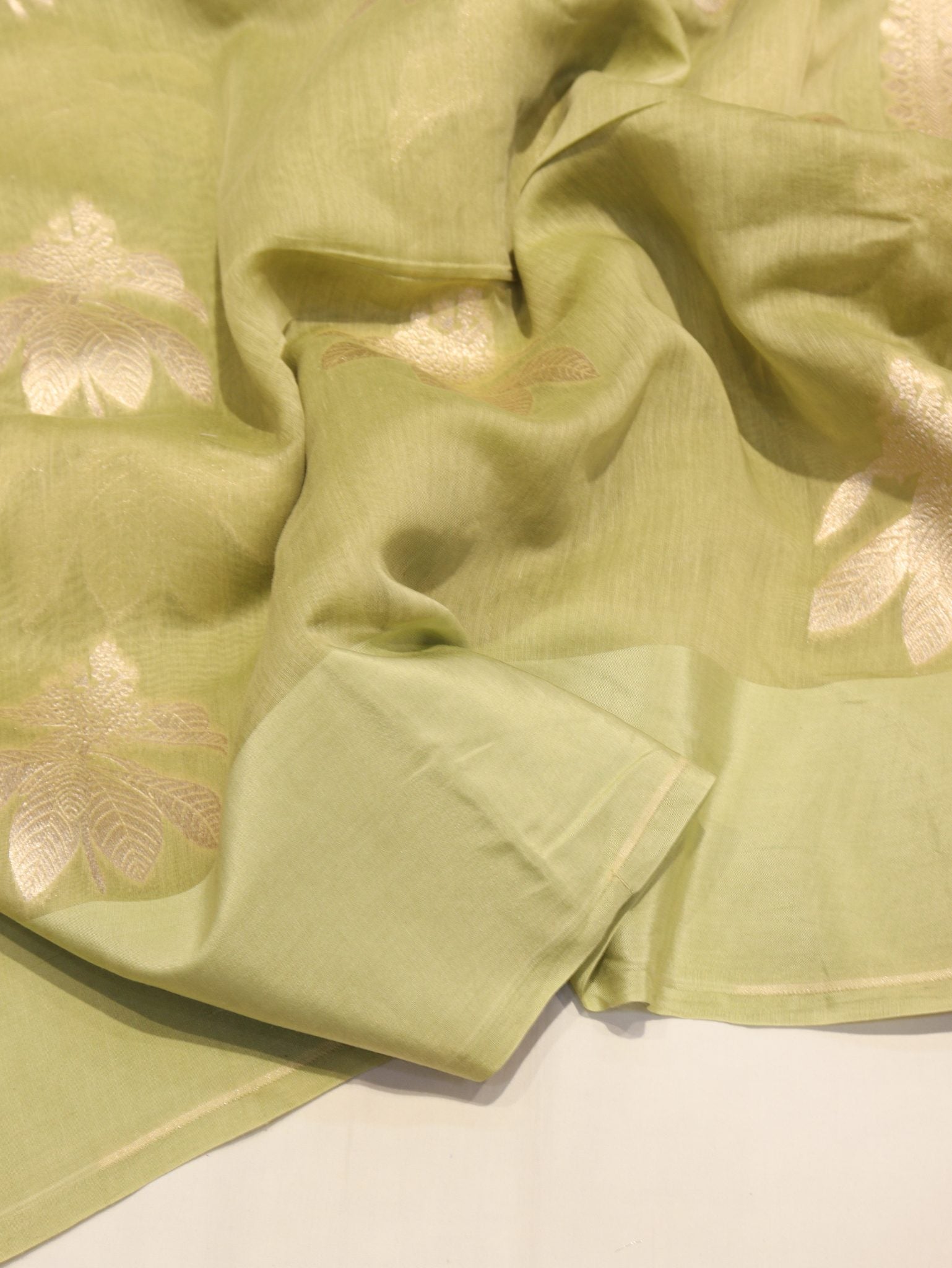 Green Pure Cotton Banarasi saree border closeup