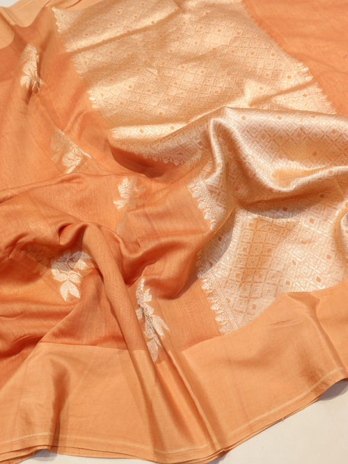 Peach Pure Cotton Banarasi saree front drape view
