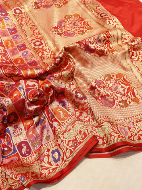 Red Katan Silk Banarasi saree front drape view