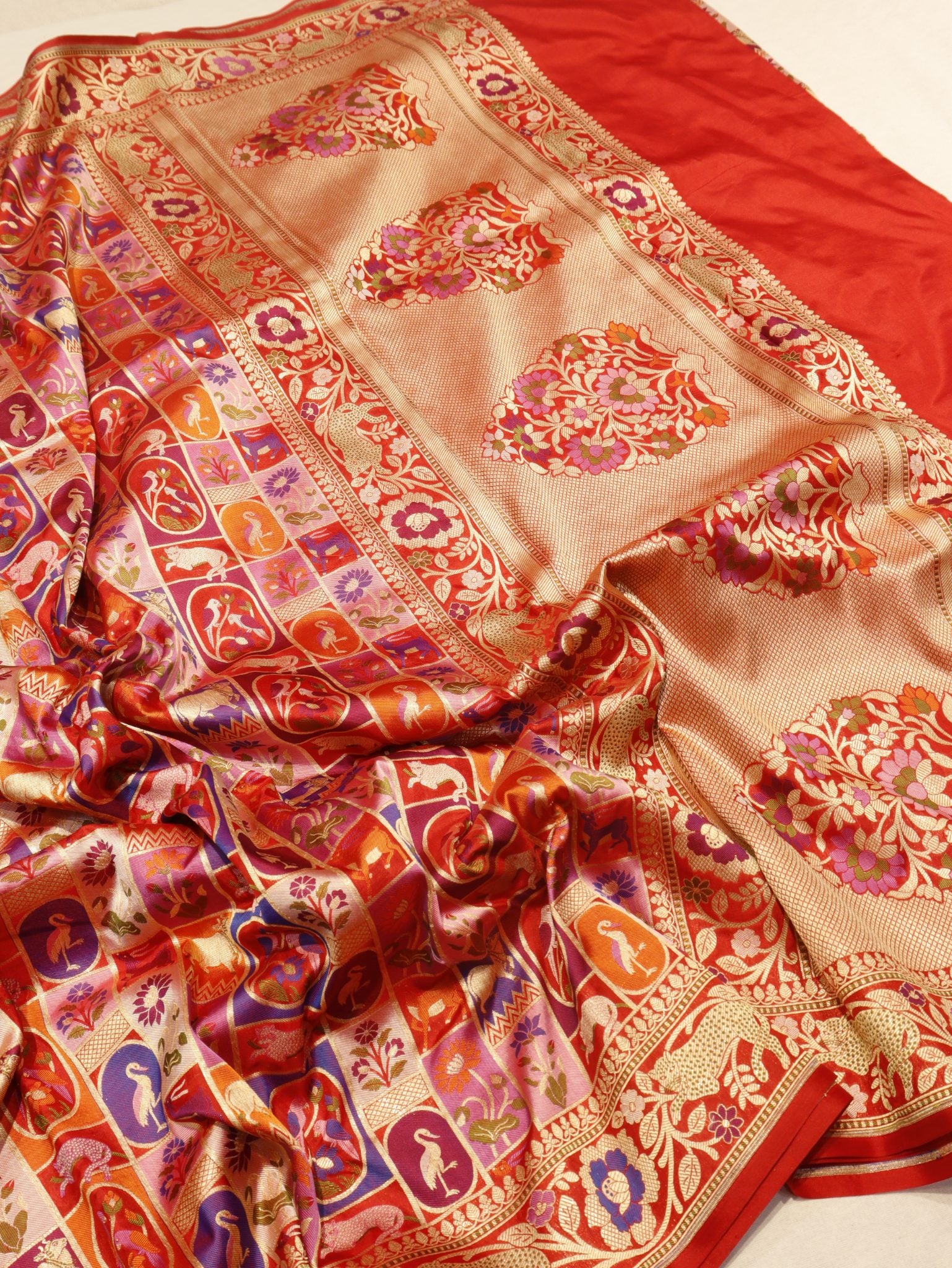 Red Katan Silk Banarasi saree border closeup