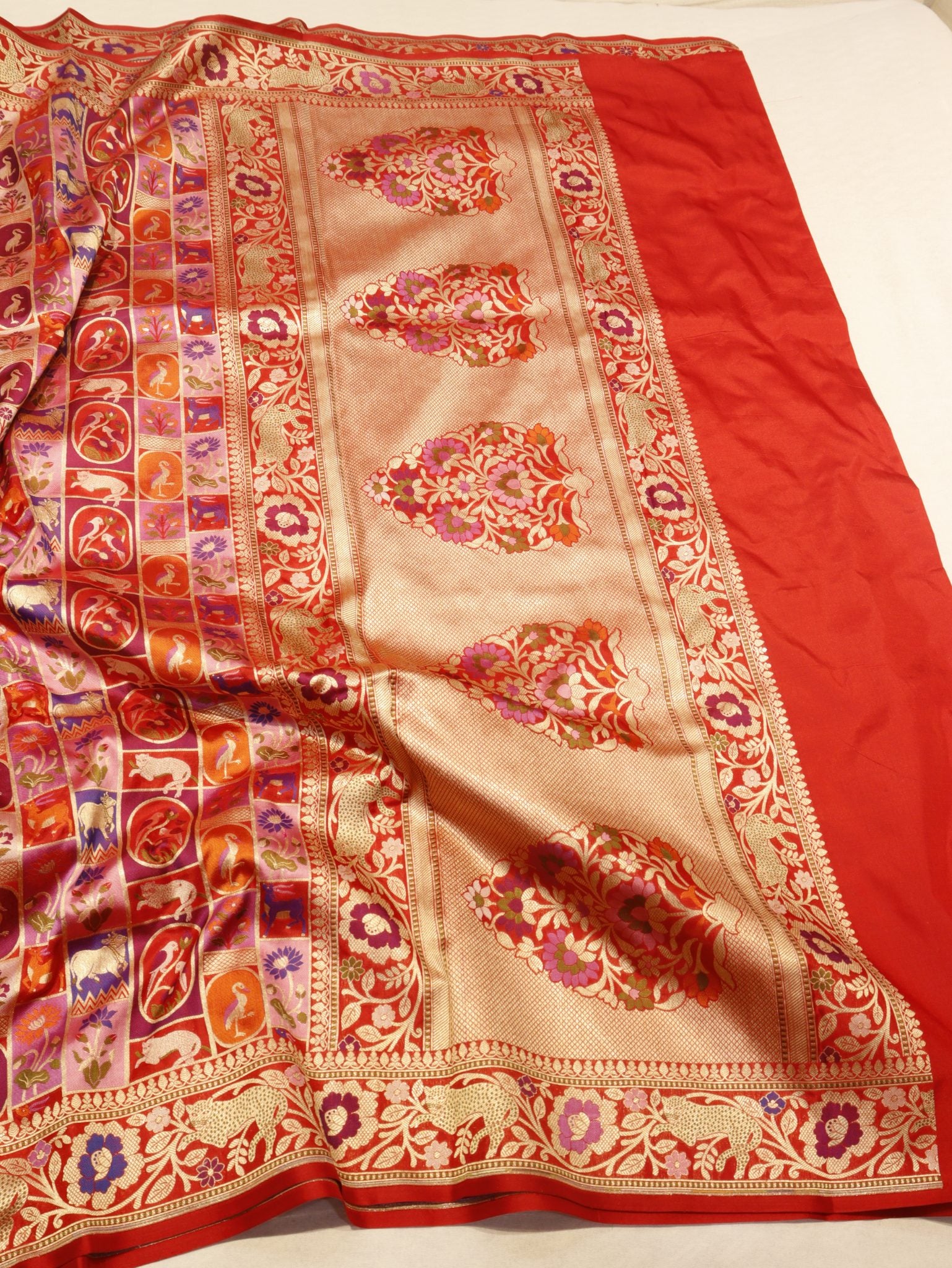 Red Katan Silk Banarasi saree texture detail