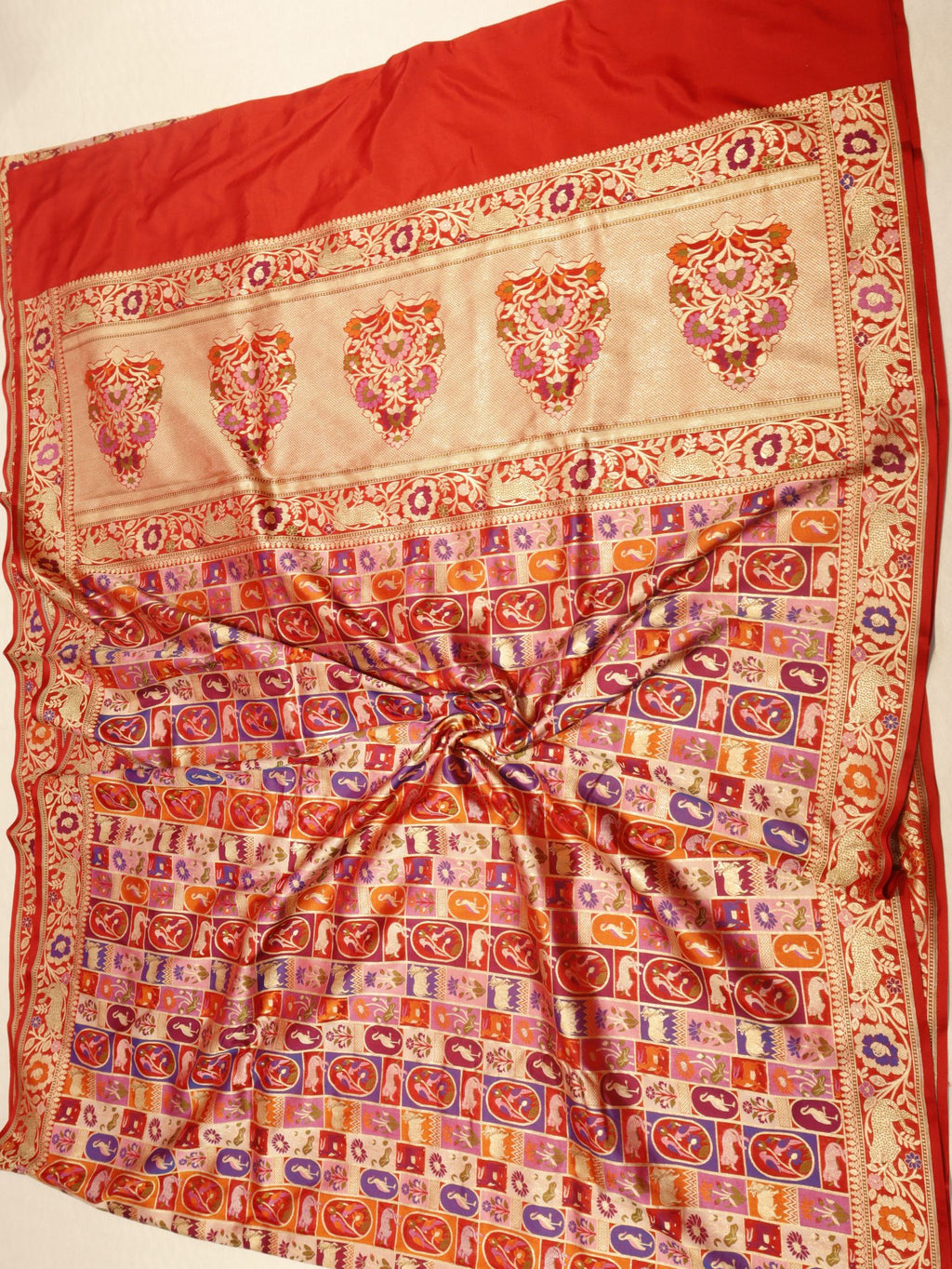 Red Katan Silk Banarasi saree folded view