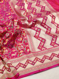 Pink Katan Silk Banarasi saree front drape view