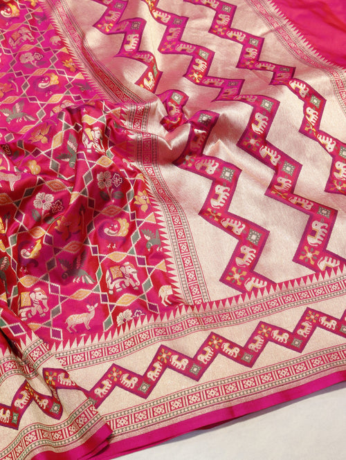Pink Katan Silk Banarasi saree front drape view