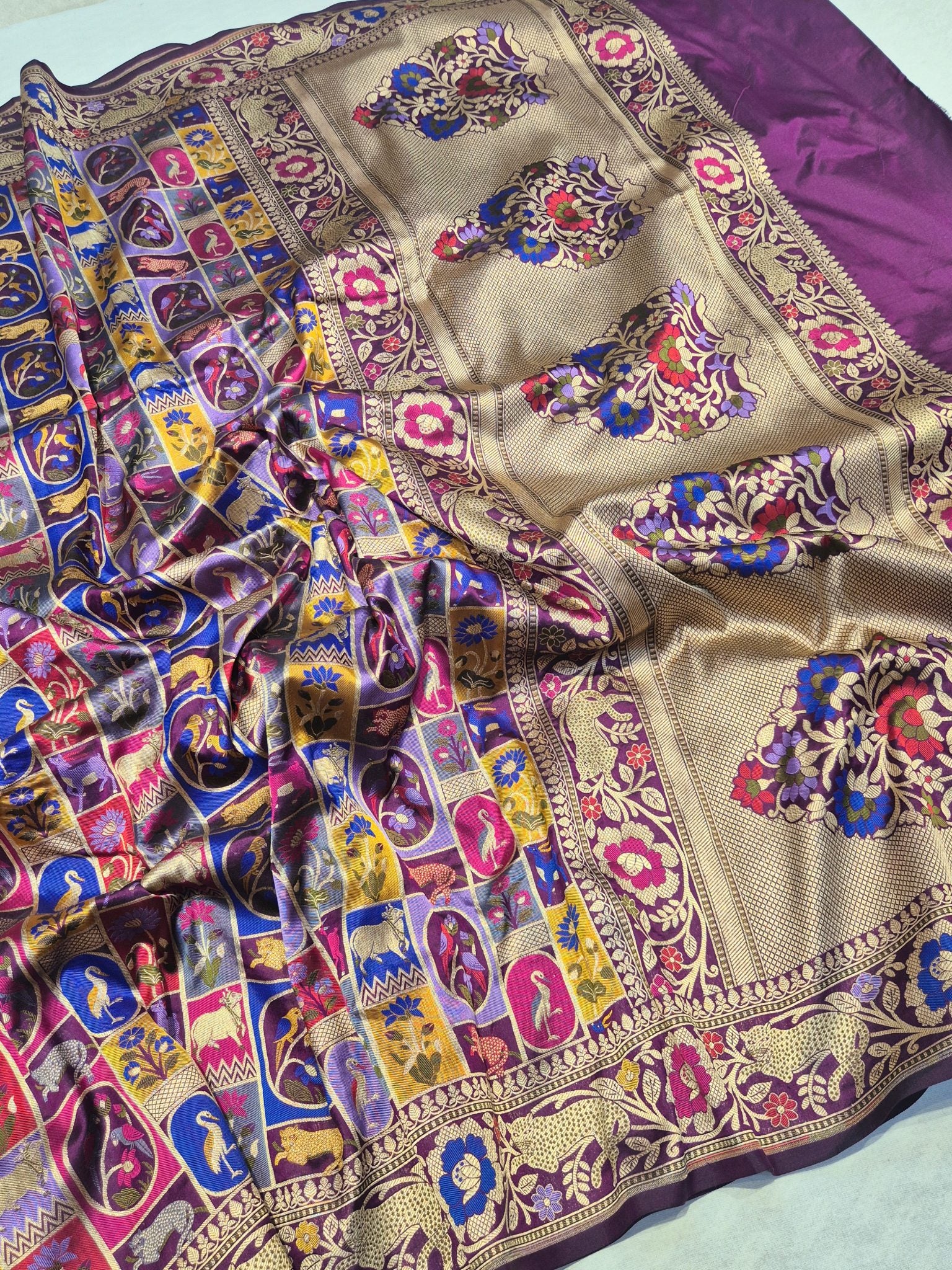 Purple Katan Silk Banarasi saree pallu detail