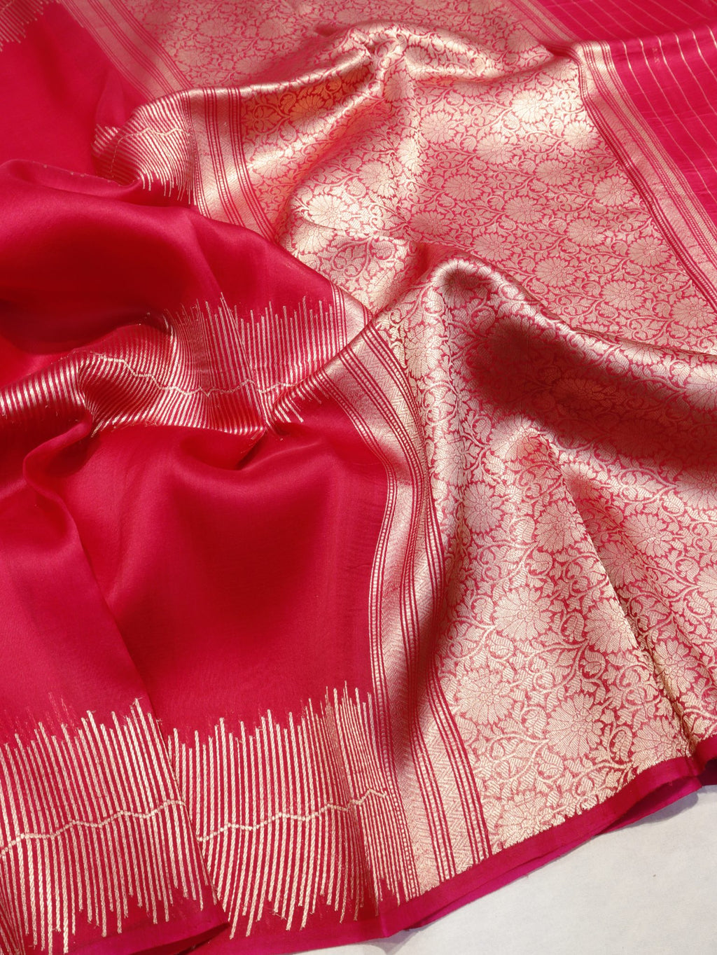 Pink Kora Silk Banarasi saree front drape view