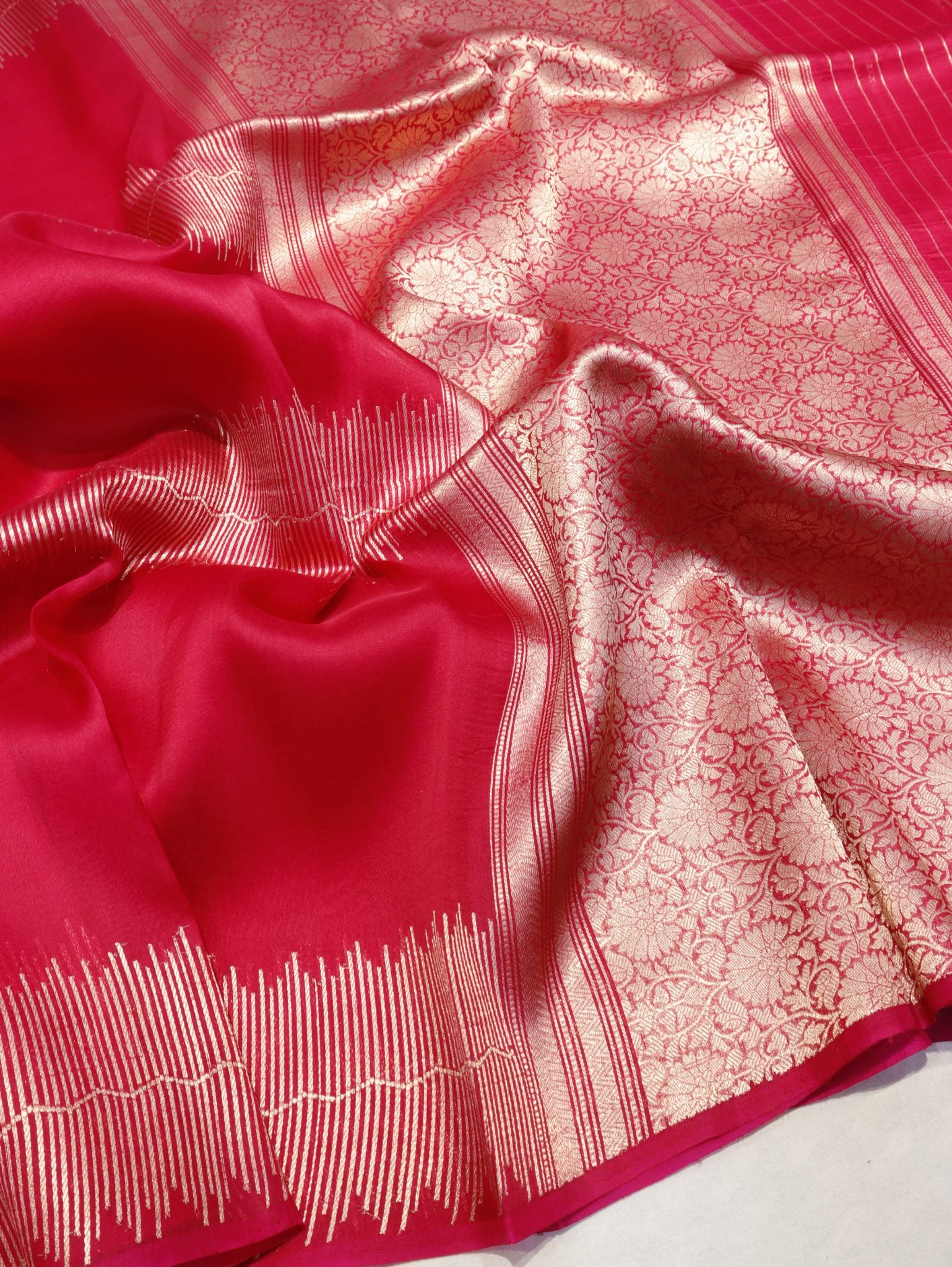 Pink Kora Silk Banarasi saree front drape view