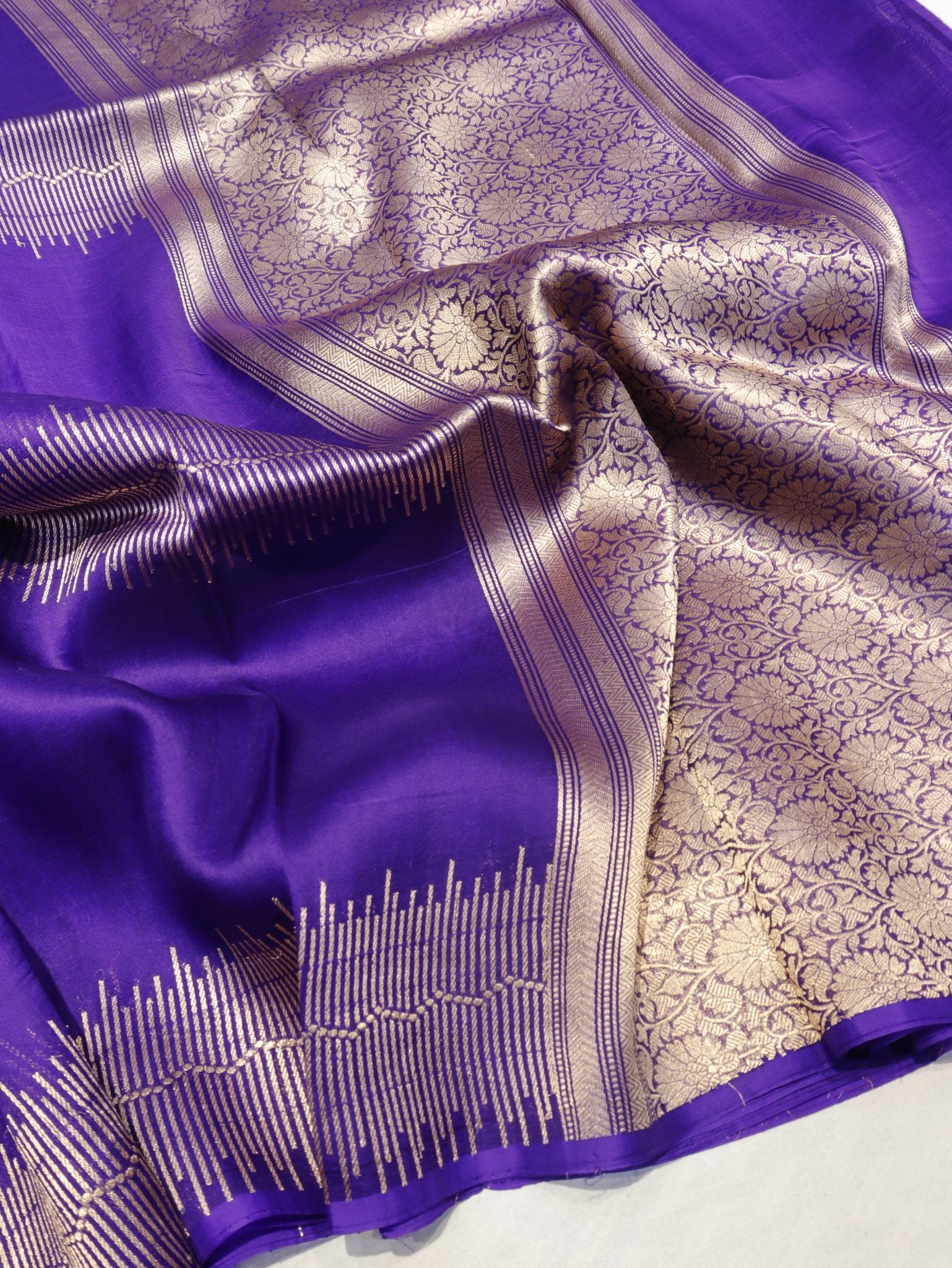 Purple Kora Silk Banarasi saree front drape view