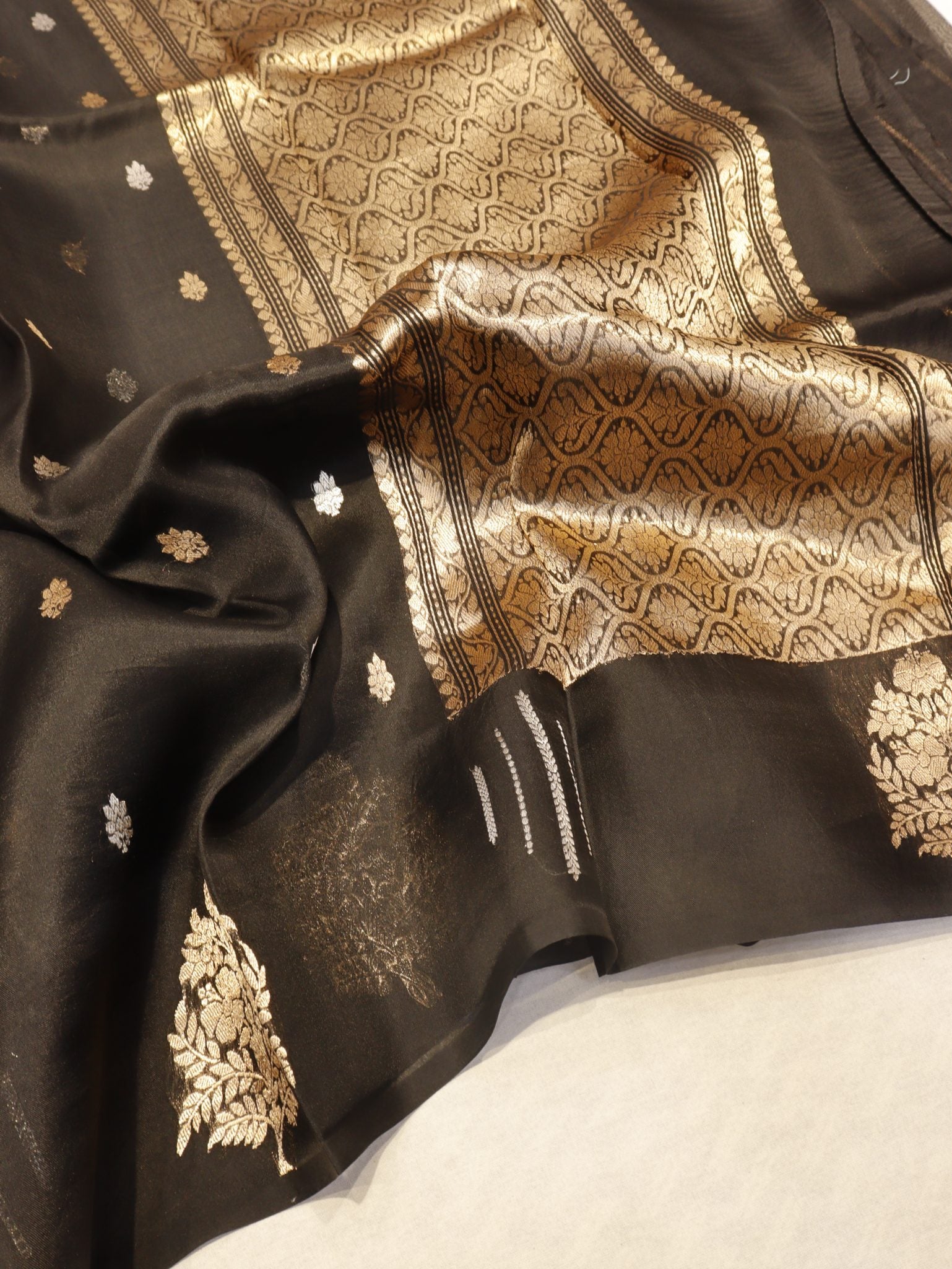 Black Kora Silk Banarasi saree front drape view