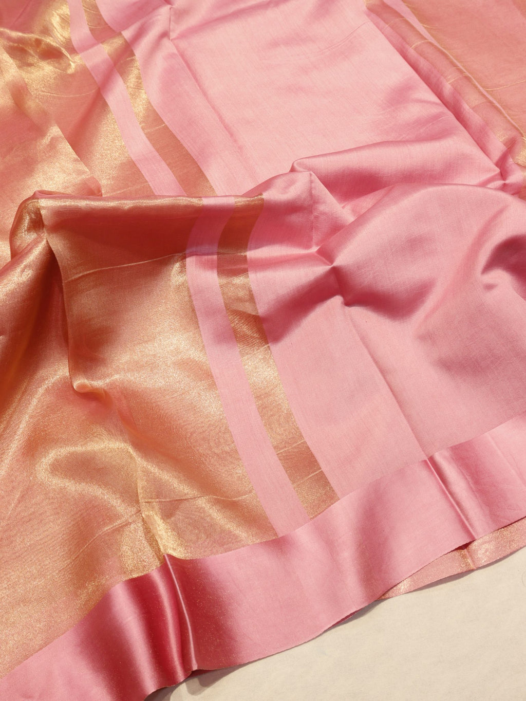 Rose Gold Tissue Silk Banarasi saree front drape view