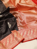 Black Katan Silk Banarasi saree front drape view