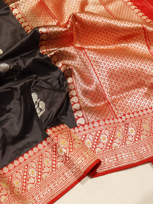 Black Katan Silk Banarasi saree front drape view