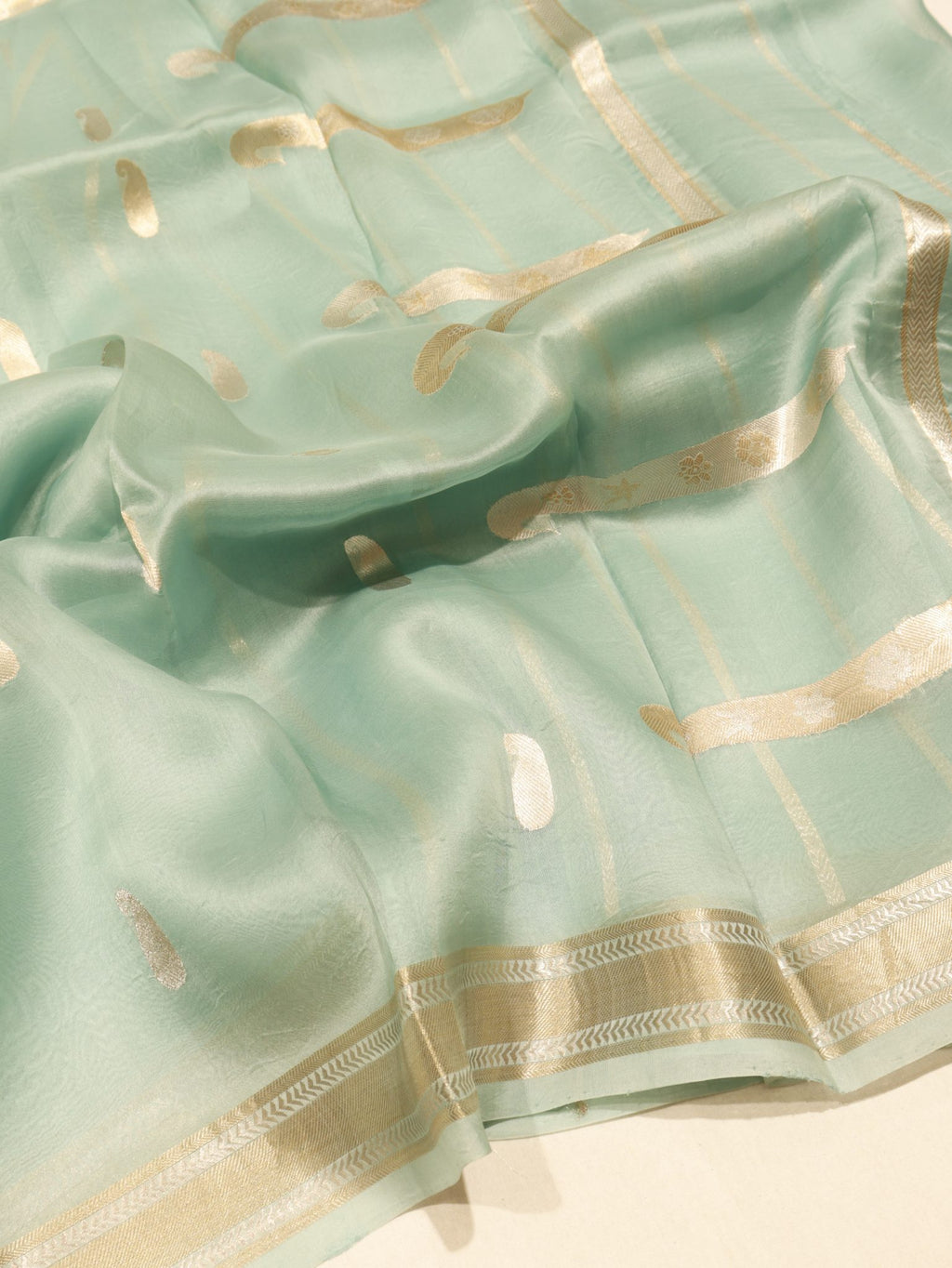Powder Blue Kora Silk Banarasi saree front drape view