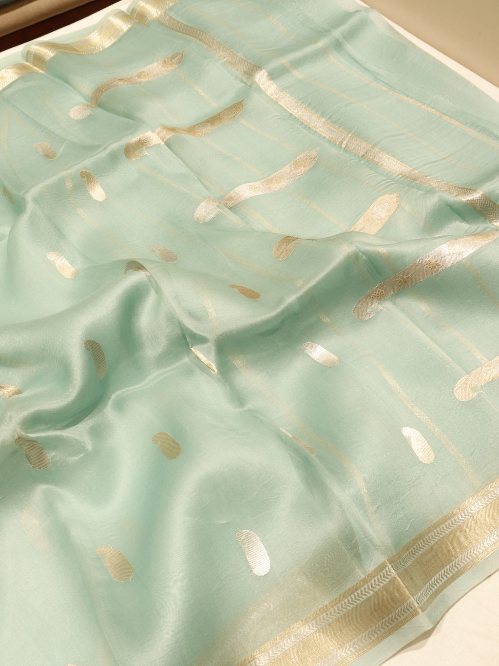 Powder Blue Kora Silk Banarasi saree pallu detail