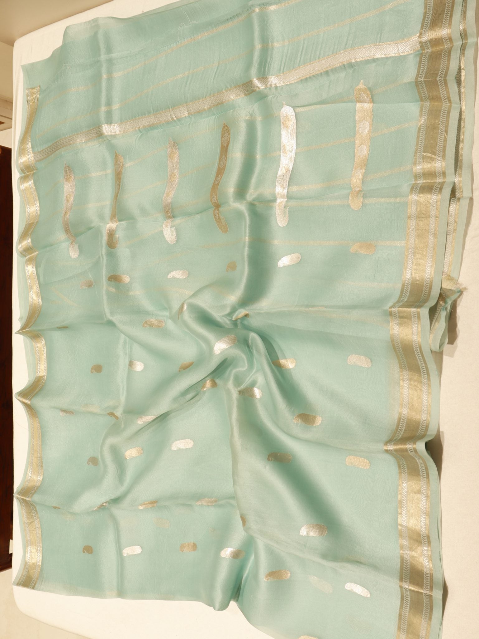 Powder Blue Kora Silk Banarasi saree zari work detail