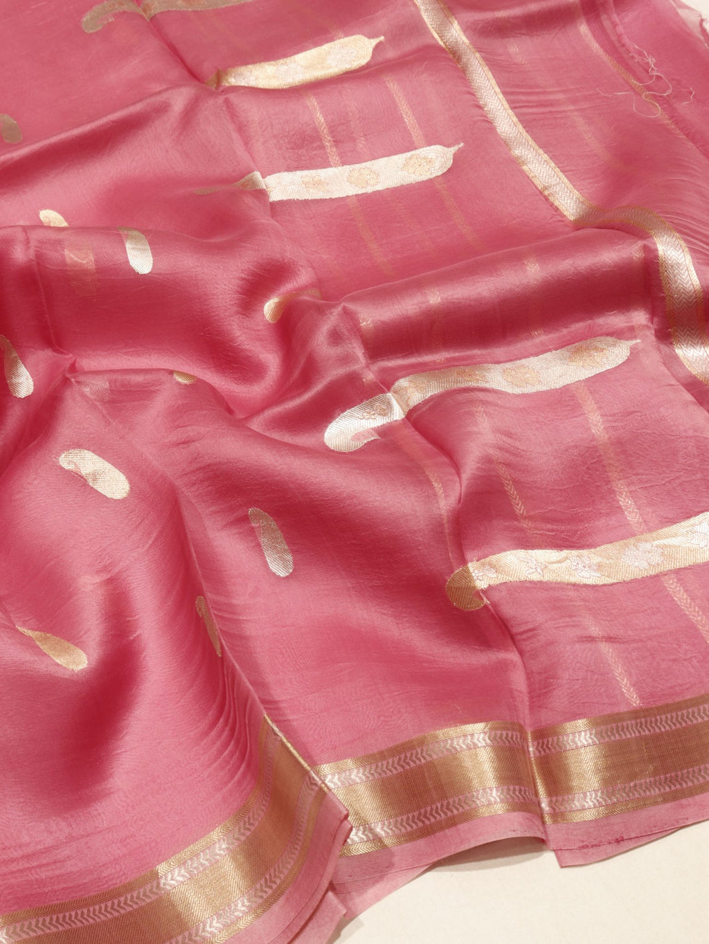 Pink Kora Silk Banarasi saree front drape view