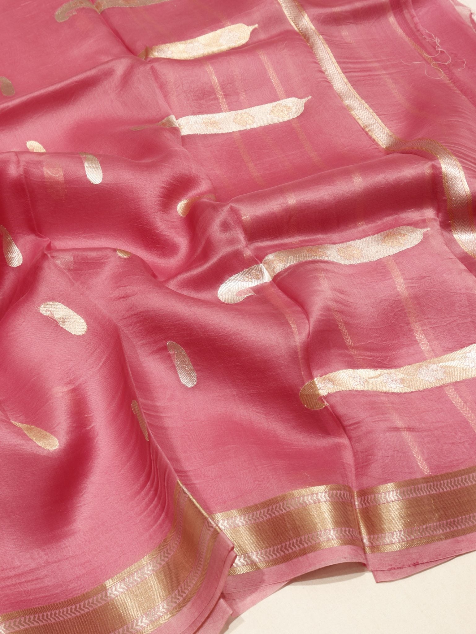 Pink Kora Silk Banarasi saree front drape view