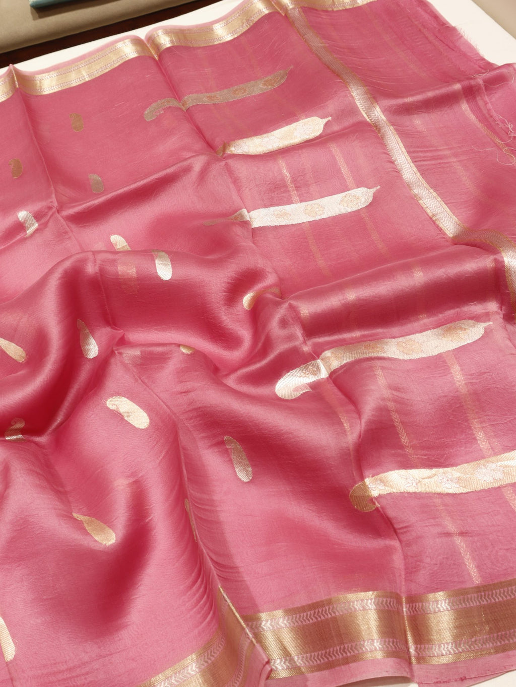 Pink Kora Silk Banarasi saree pallu detail