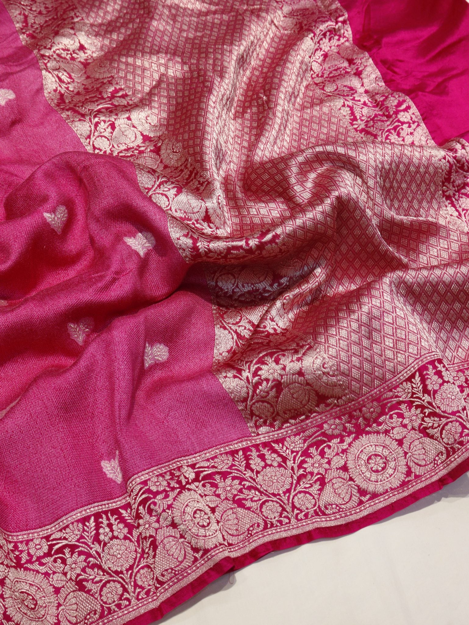 Pink Mashru Geogertte Banarasi saree front drape view
