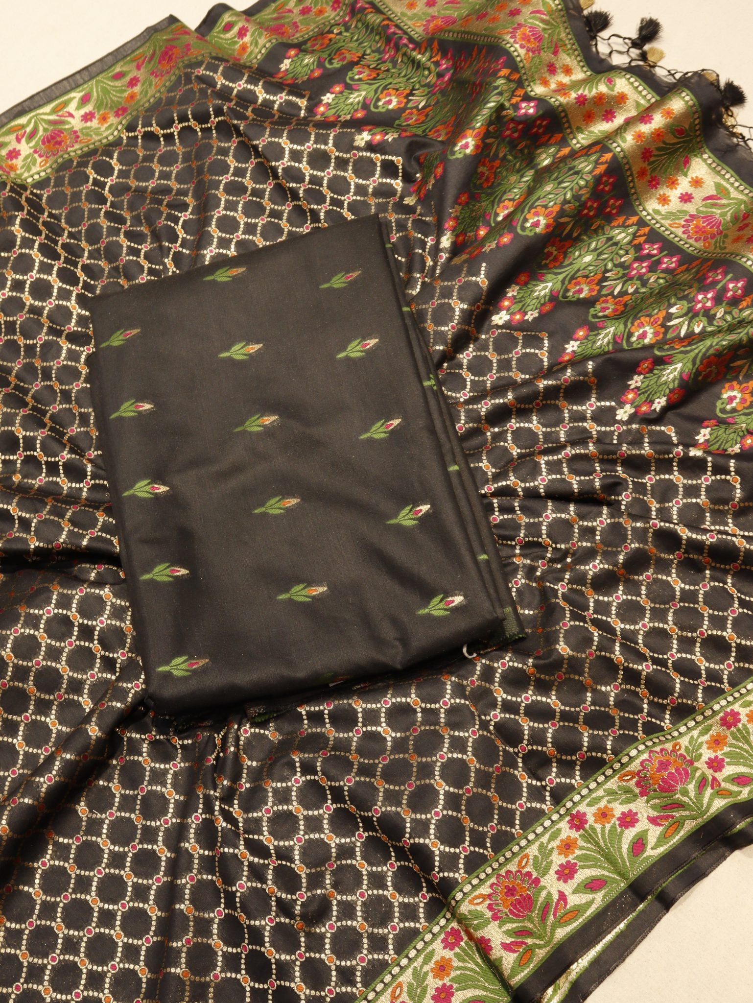 Black Pure cotton Banarasi suit front drape view