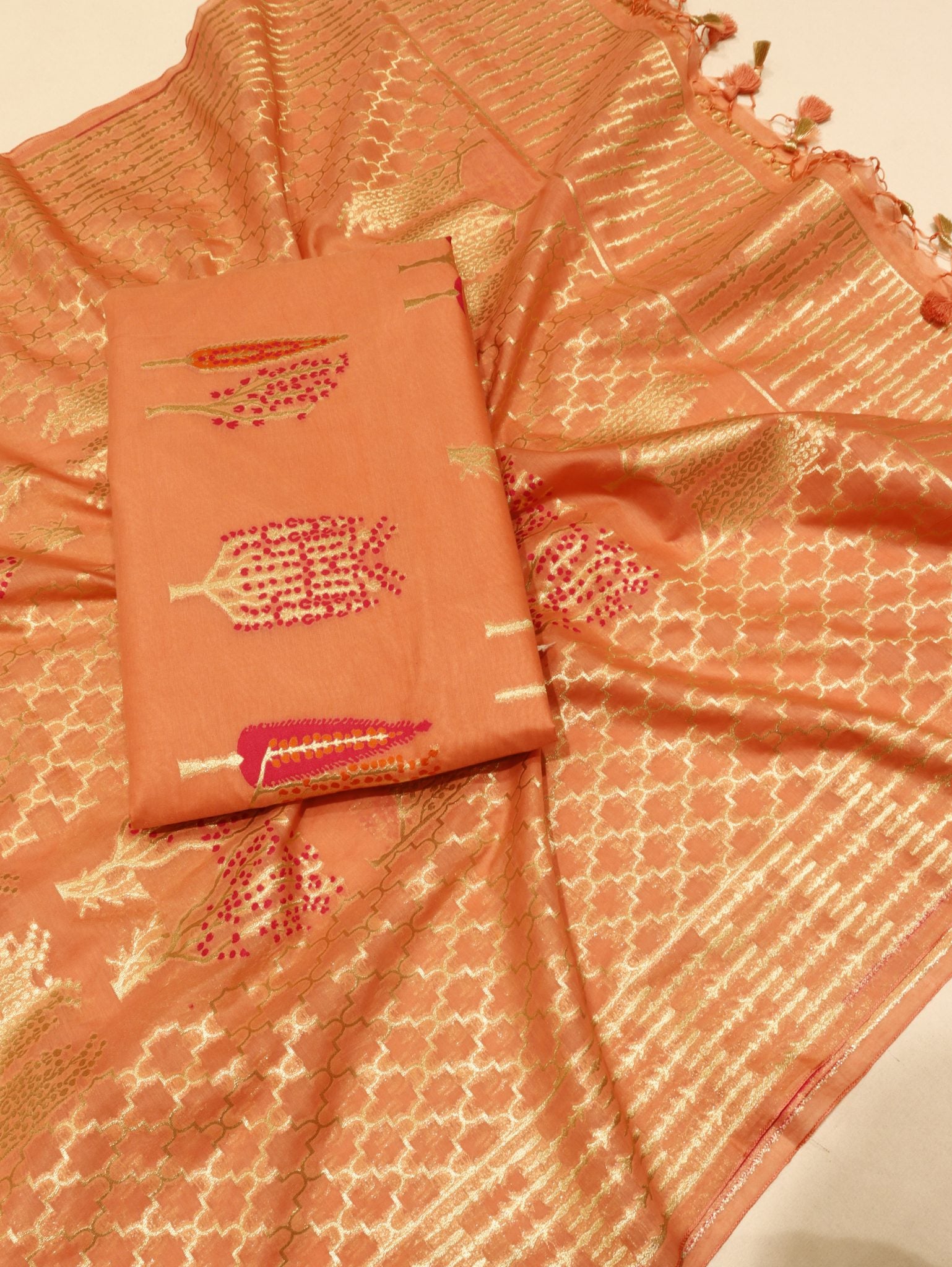 Peach Cotton Banarasi suit front drape view
