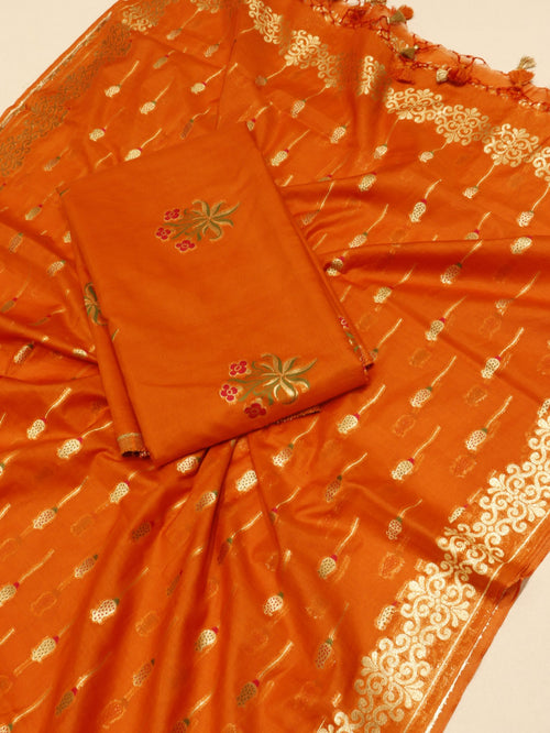 Orange Pure Cotton Banarasi suit front drape view