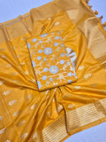 Mustard Yellow Pure Cotton Banarasi suit front drape view