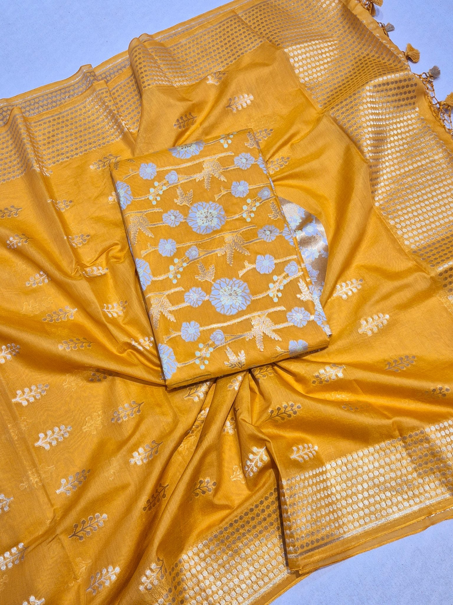 Mustard Yellow Pure Cotton Banarasi suit front drape view