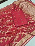 Cherry Pink Pure Cotton Banarasi suit front drape view