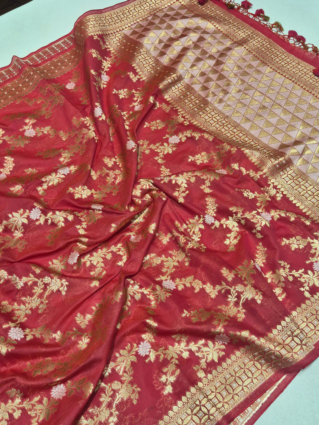 Cherry Pink Pure Cotton Banarasi suit neckline detail