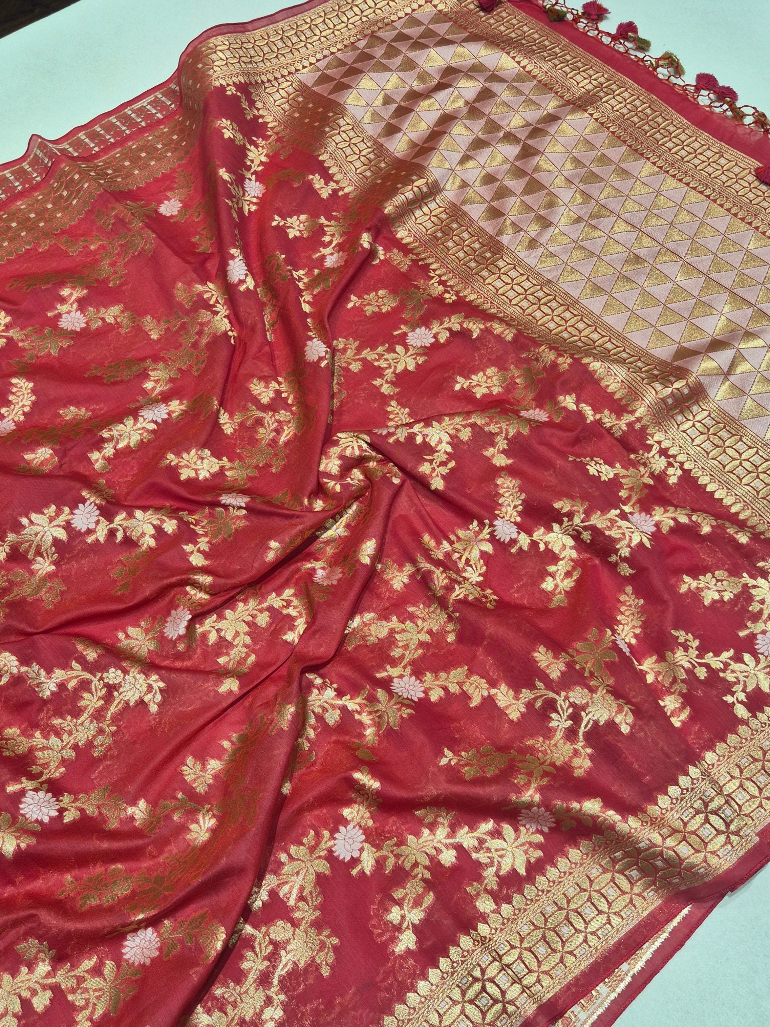 Cherry Pink Pure Cotton Banarasi suit neckline detail