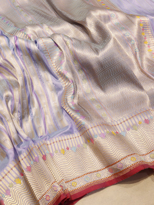 Soft Blue Katan Silk Banarasi saree front drape view