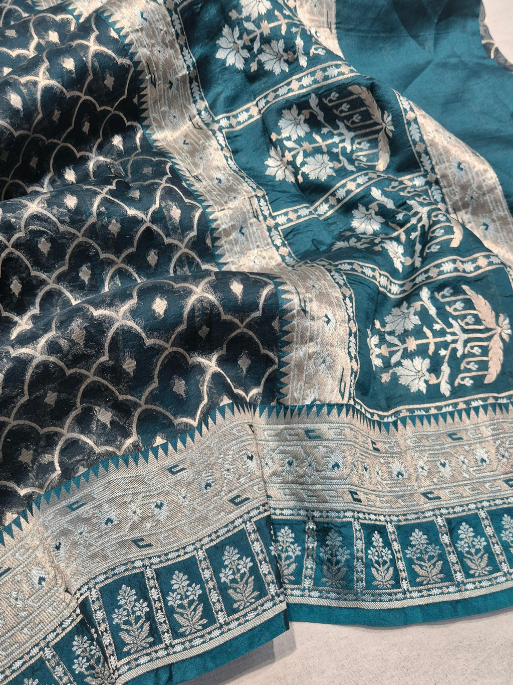 Teal Blue Kora Silk Banarasi saree front drape view