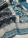 Teal Blue Kora Silk Banarasi saree front drape view